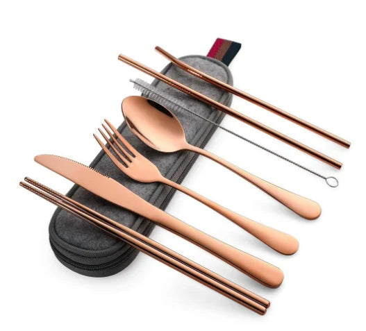 8Pcs/set Tableware Reusable Travel Cutlery Set Camp Utensils Set with stainless steel Spoon Fork Chopsticks Straw Portable case